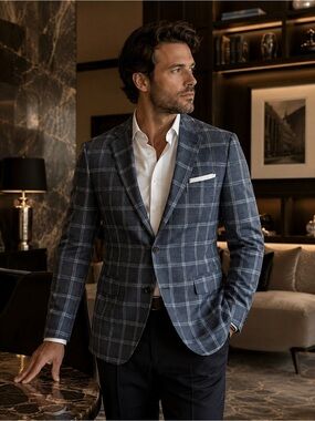 Anthony Paulo Oliveira Linen Blend Windowpane Blazer Sport Coat Size 44 Academia
